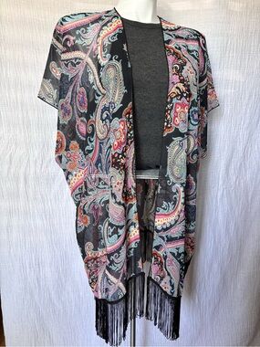 Black Paisley Fringed Slightly Sheer Kimono Wrap